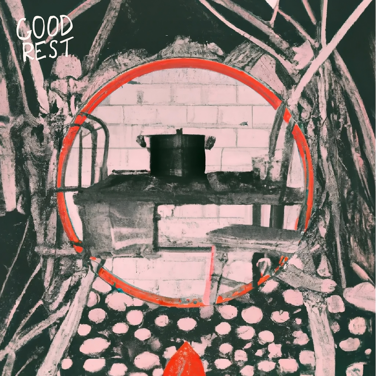 Family Recipe cover art - an old kitchen with two chairs and a stove, surrounded by a black border with white tree roots. Charcoal drawing style collage.