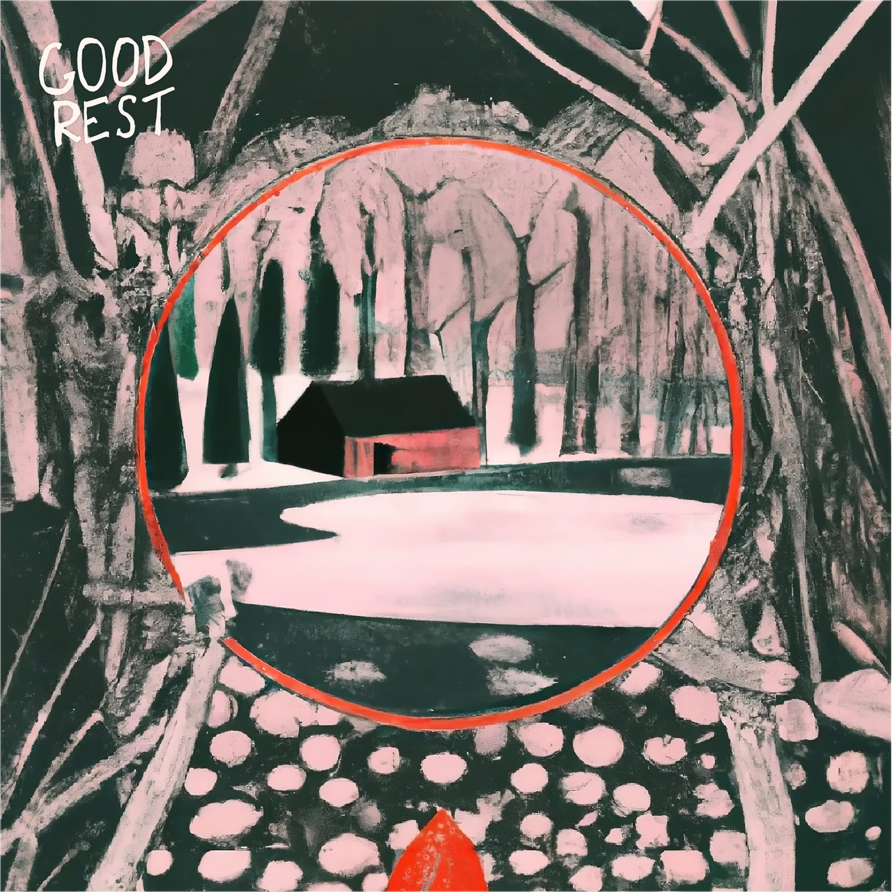 Vacation cover art - a cabin in front of a frozen lake, surrounded by a black border with white tree roots. Charcoal drawing style collage.